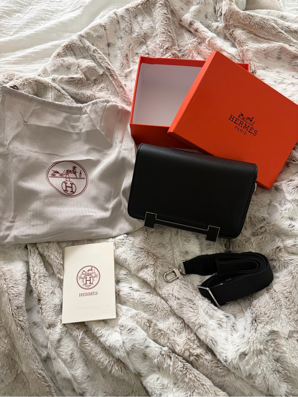 Inspired Black Leather Crossbody with Orange Box Accent
